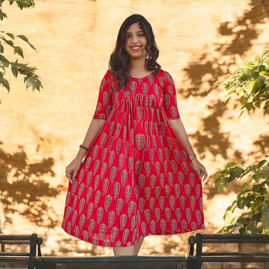 Aroha Red Chilly Hand block Printed Dress