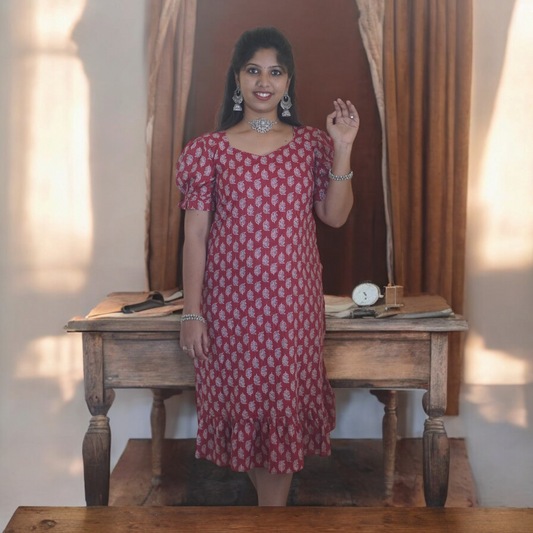 Red Hand Block Printed Contemporary Dress