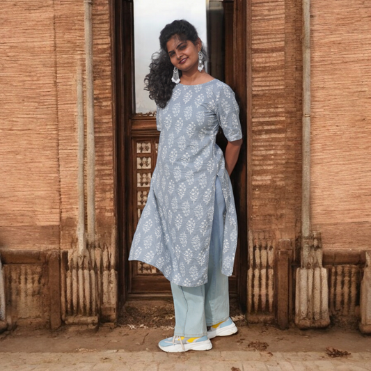 Hand block Printed Grey Kurti Top